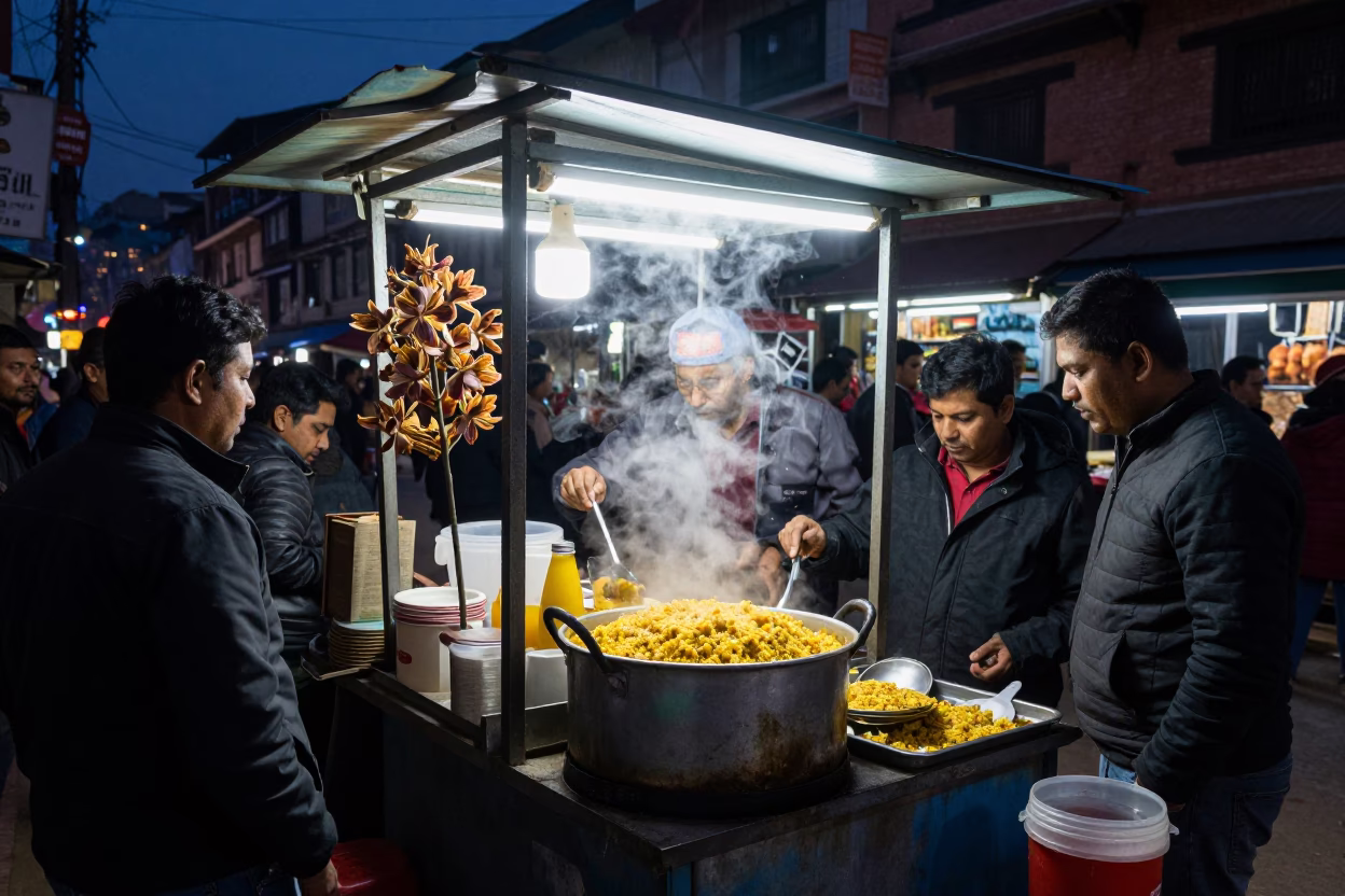 Midnight Street Food Stall in Kathmandu with Dried Orchid Specimen and Steam in in Kathmandu, Nepal