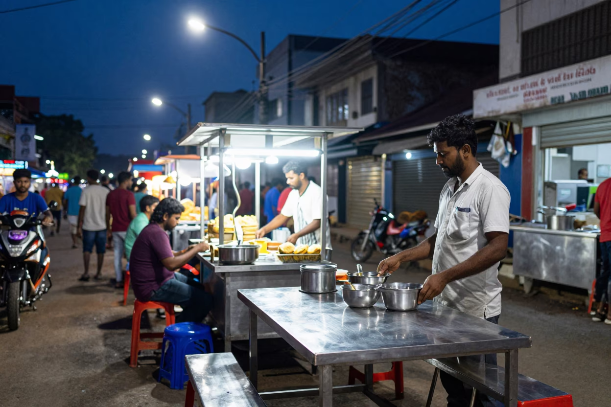 Midnight Street Food Stall in Kochi India with Brushed Steel Table and Bamboo Mat in in Kochi, India