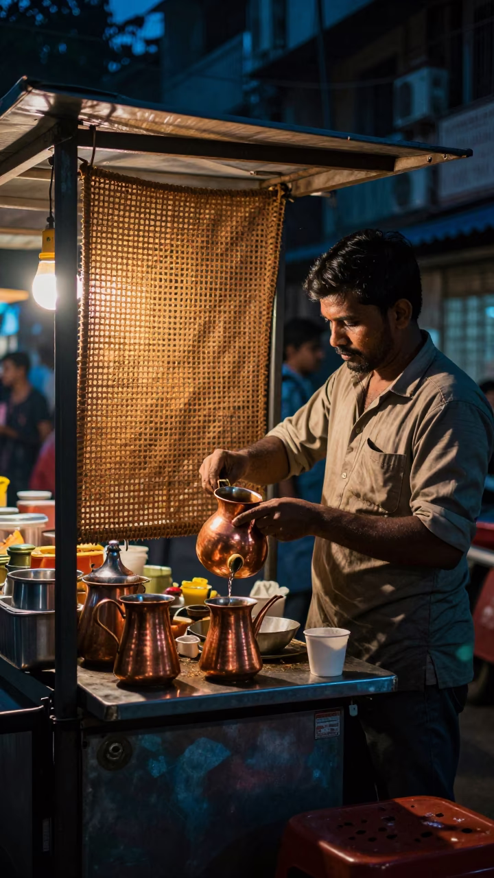 Midnight Street Food Stall in Kolkata India with Copper Coffee Pot and Bamboo Weave in in Kolkata, India