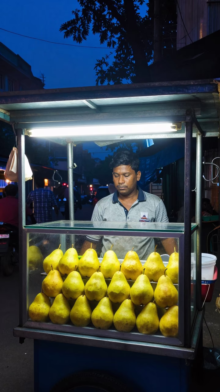Midnight Street Food Stall in Kolkata India with Pears and Tambourine in in Kolkata, India