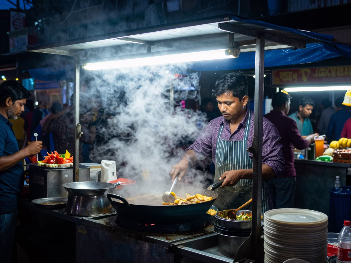 Midnight Street Food Stall in Kolkata India with Steam and Neon Lights in in Kolkata, India