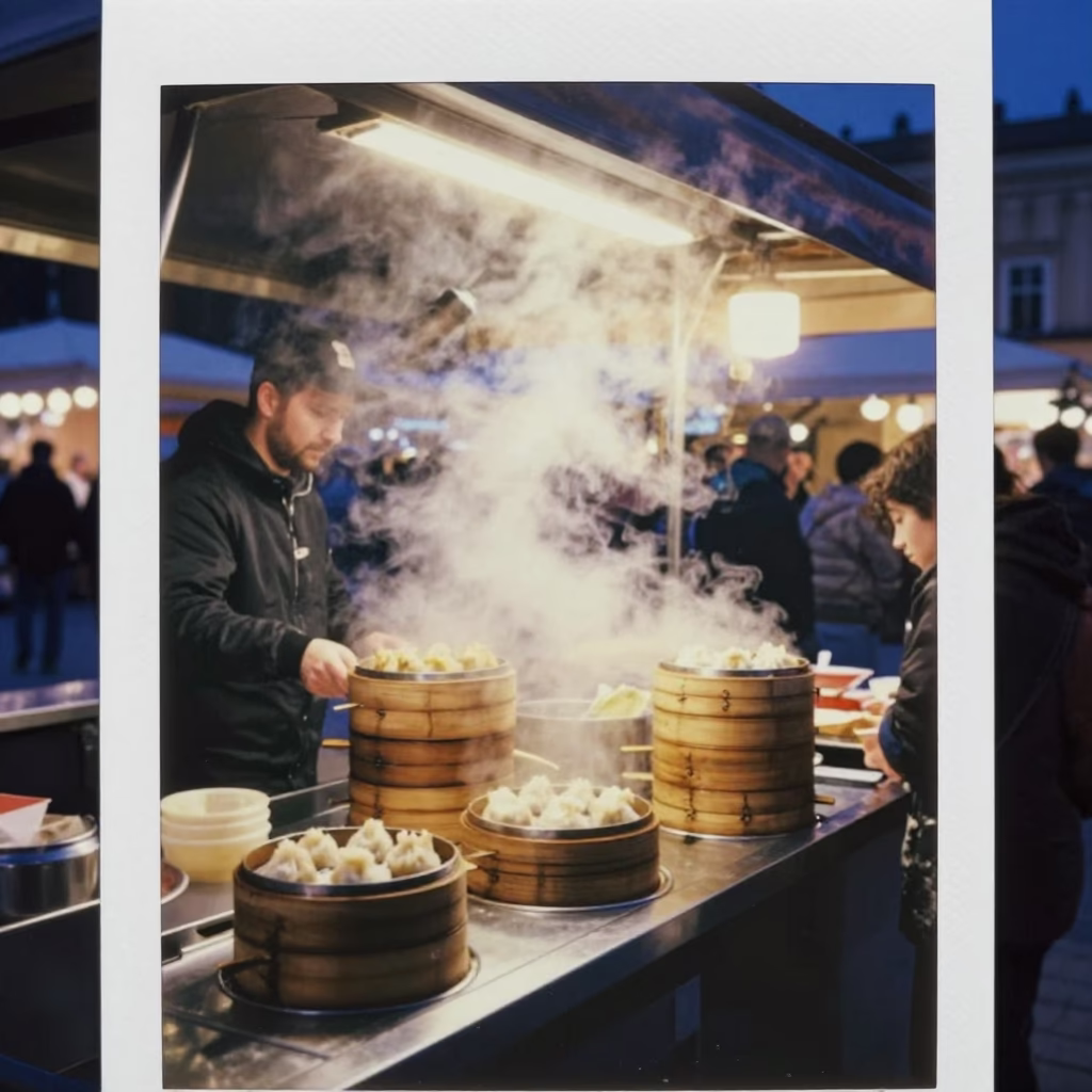 Midnight Street Food Stall in Krakow Poland with Dim Sum Steamers and Local Customers in in Krakow, Poland