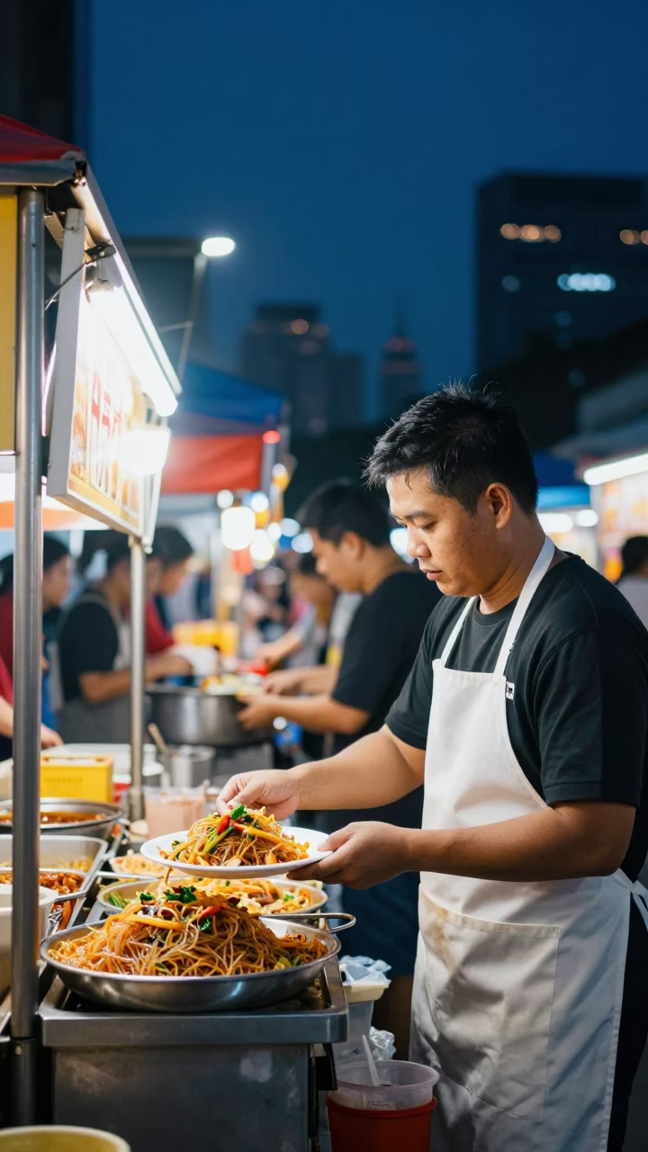Midnight Street Food Stall in Kuala Lumpur Malaysia Night Market Scene in in Kuala Lumpur, Malaysia