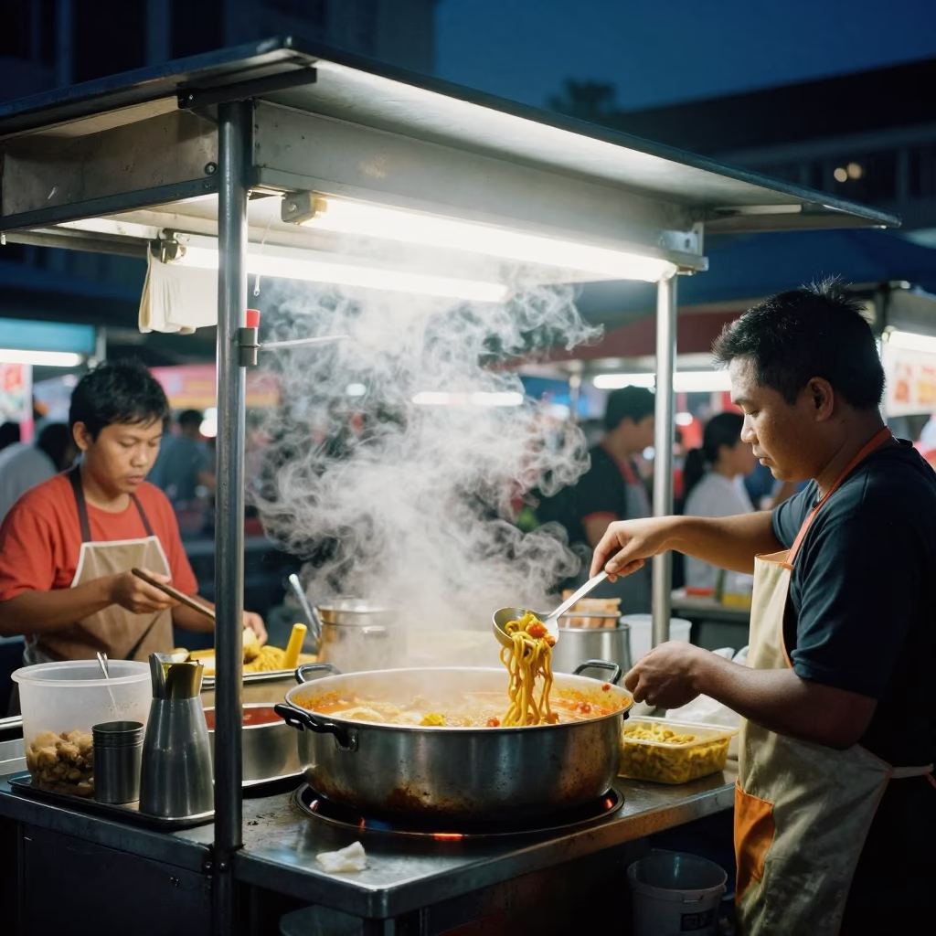 Midnight Street Food Stall in Kuala Lumpur Malaysia with Condensation and Local Interaction in in Kuala Lumpur, Malaysia