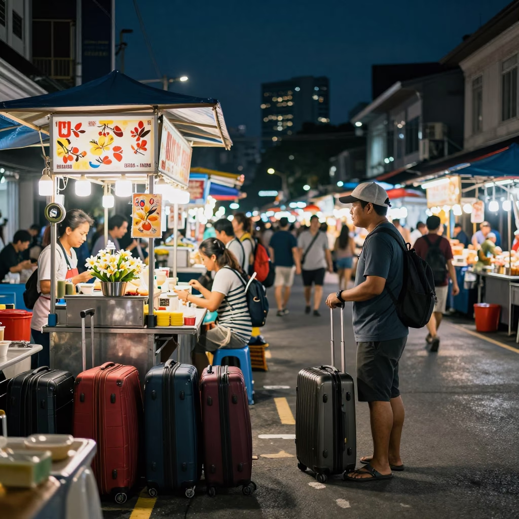 Midnight Street Food Stall in Kuala Lumpur with Suitcases and Frangipani Flowers in in Kuala Lumpur, Malaysia