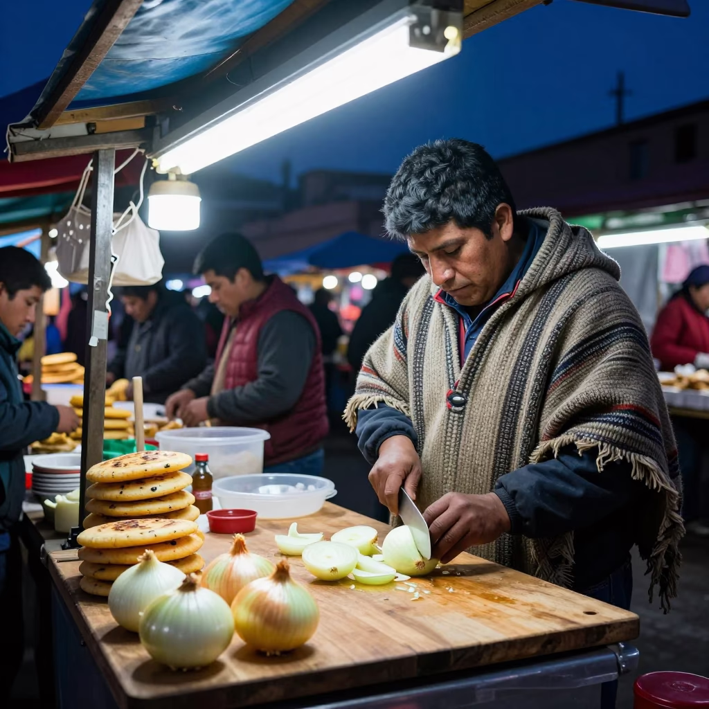 Midnight Street Food Stall in La Paz Bolivia with Onions and Arepas in in La Paz, Bolivia