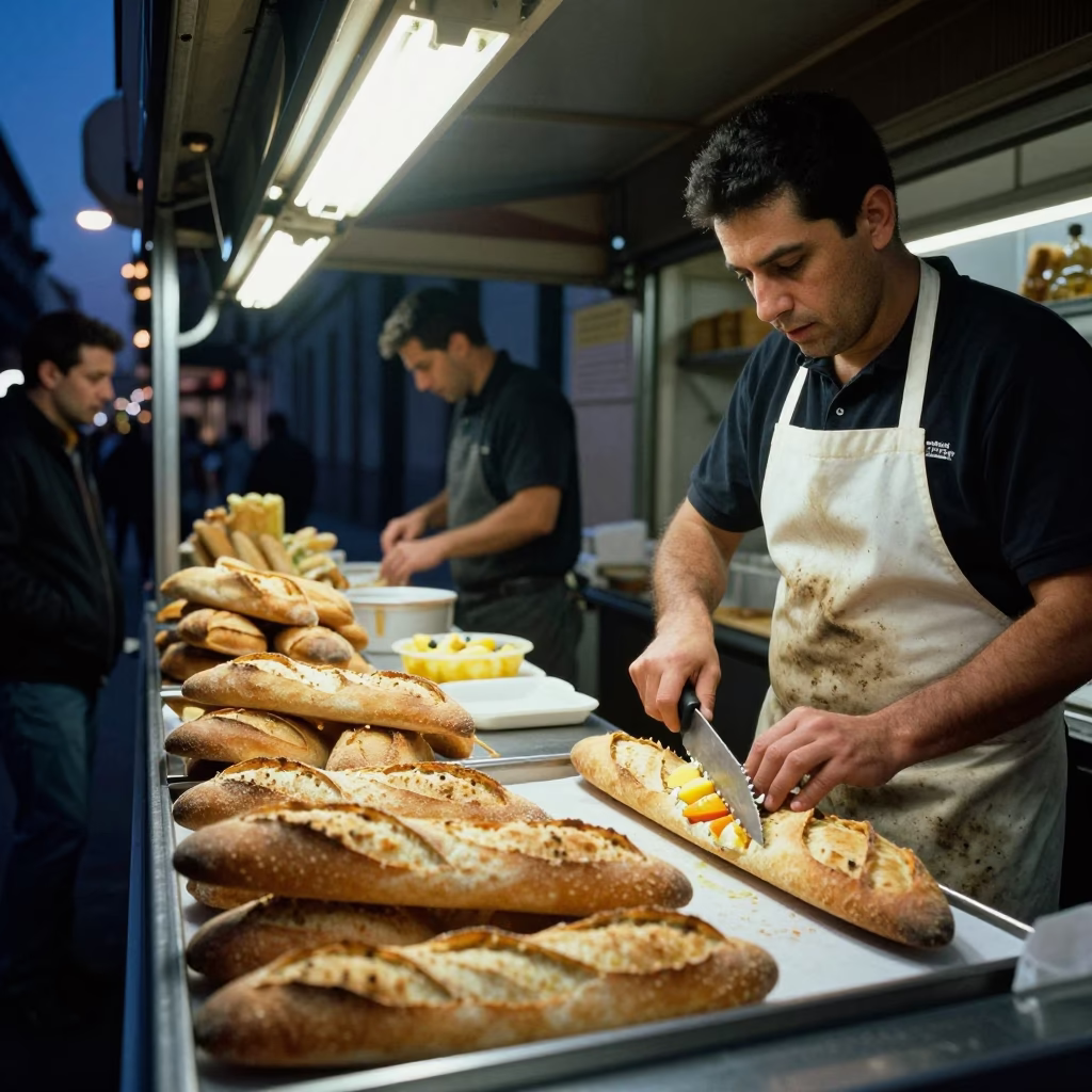 Midnight street food stall in Madrid Spain with bread loaves and fruit knife in in Madrid, Spain