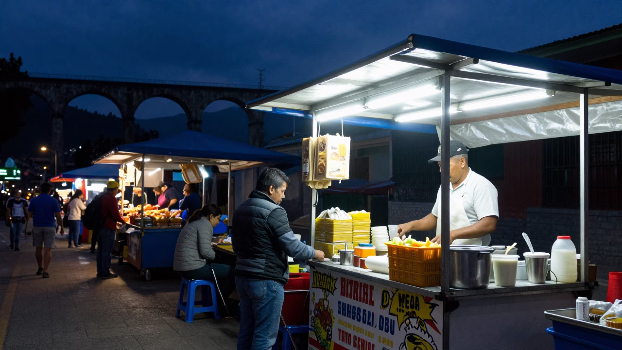 Midnight Street Food Stall in Medellin Colombia with Railway Viaduct and Local Dining in in Medellin, Colombia