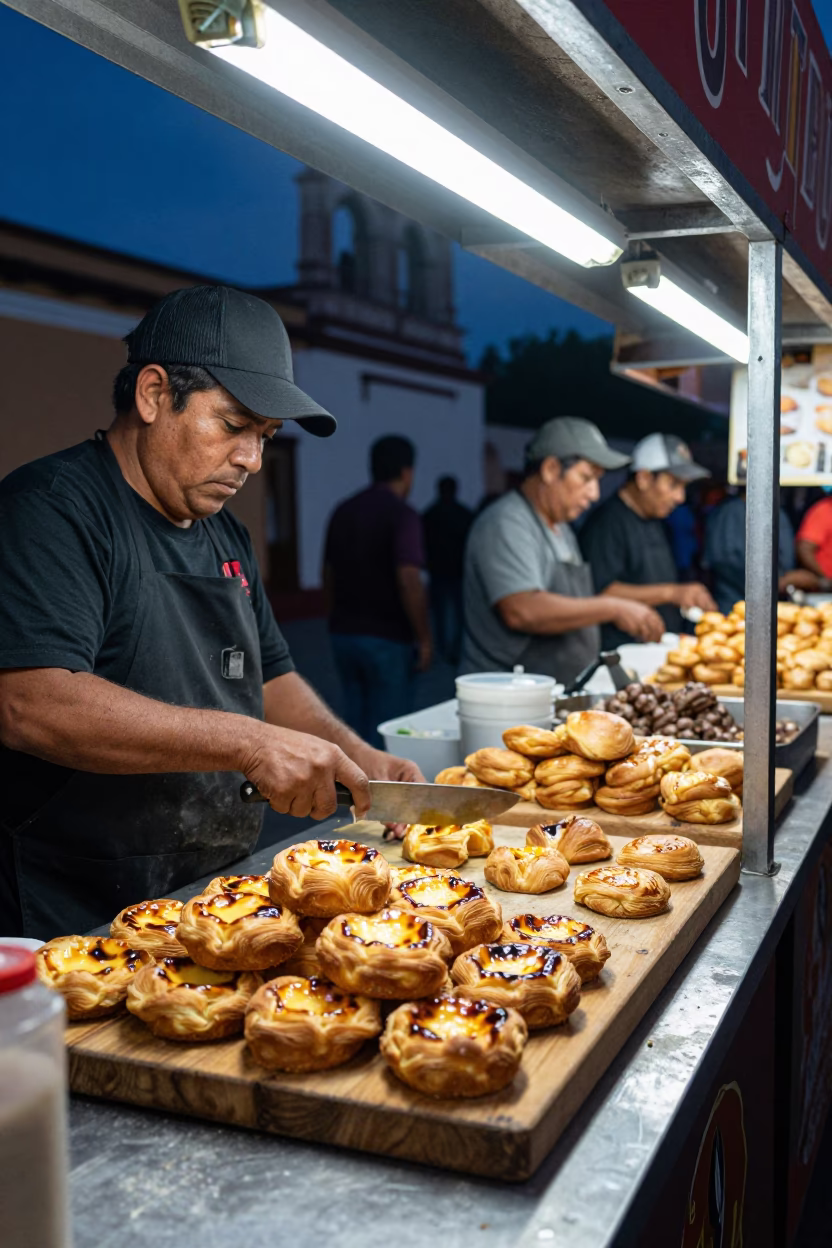 Midnight Street Food Stall in Merida Mexico with Pastries and Cutting Board in in Merida, Mexico