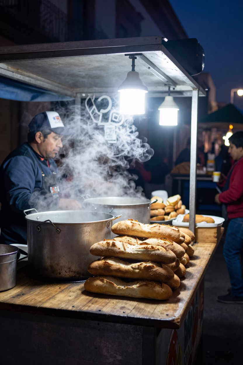 Midnight Street Food Stall in Mexico City with Bread Loaves and Goblet in in Mexico City, Mexico