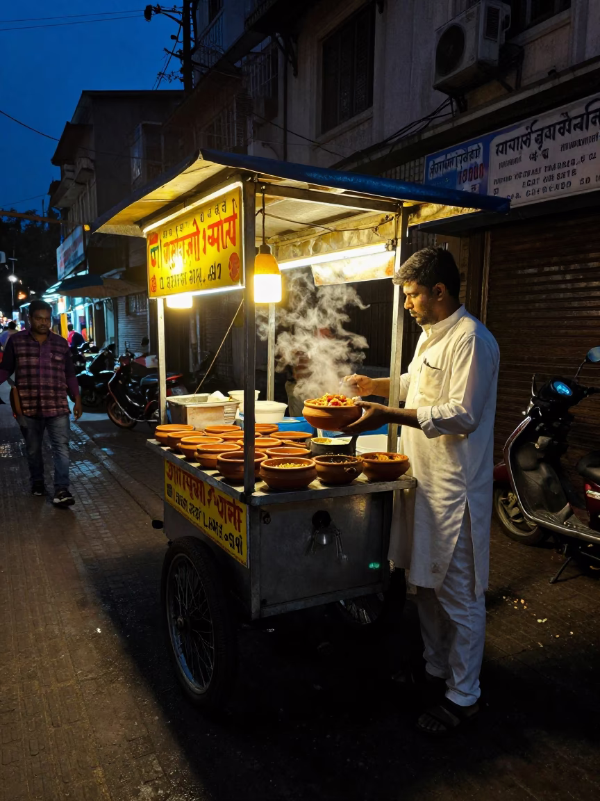 Midnight Street Food Stall in Mumbai India with Clay Bowls and Urban Night Life in in Mumbai, India