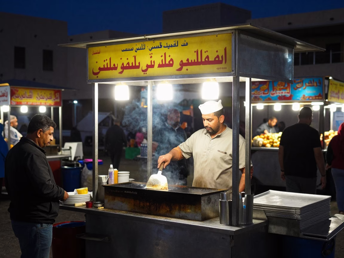 Midnight Street Food Stall in Muscat Oman with Grease Sheen and Spatula in in Muscat, Oman