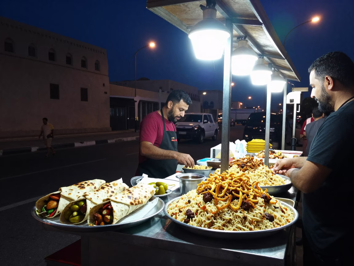 Midnight Street Food Stall in Muscat Oman with Shawarma and Koshari Plates in in Muscat, Oman