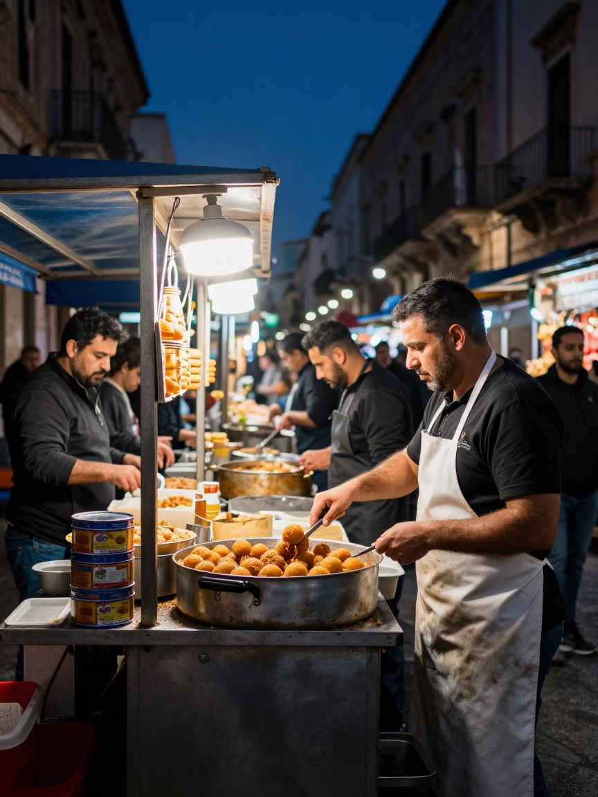 Midnight Street Food Stall in Palermo Italy with Tea Tin and Soap Bottle in in Palermo, Italy