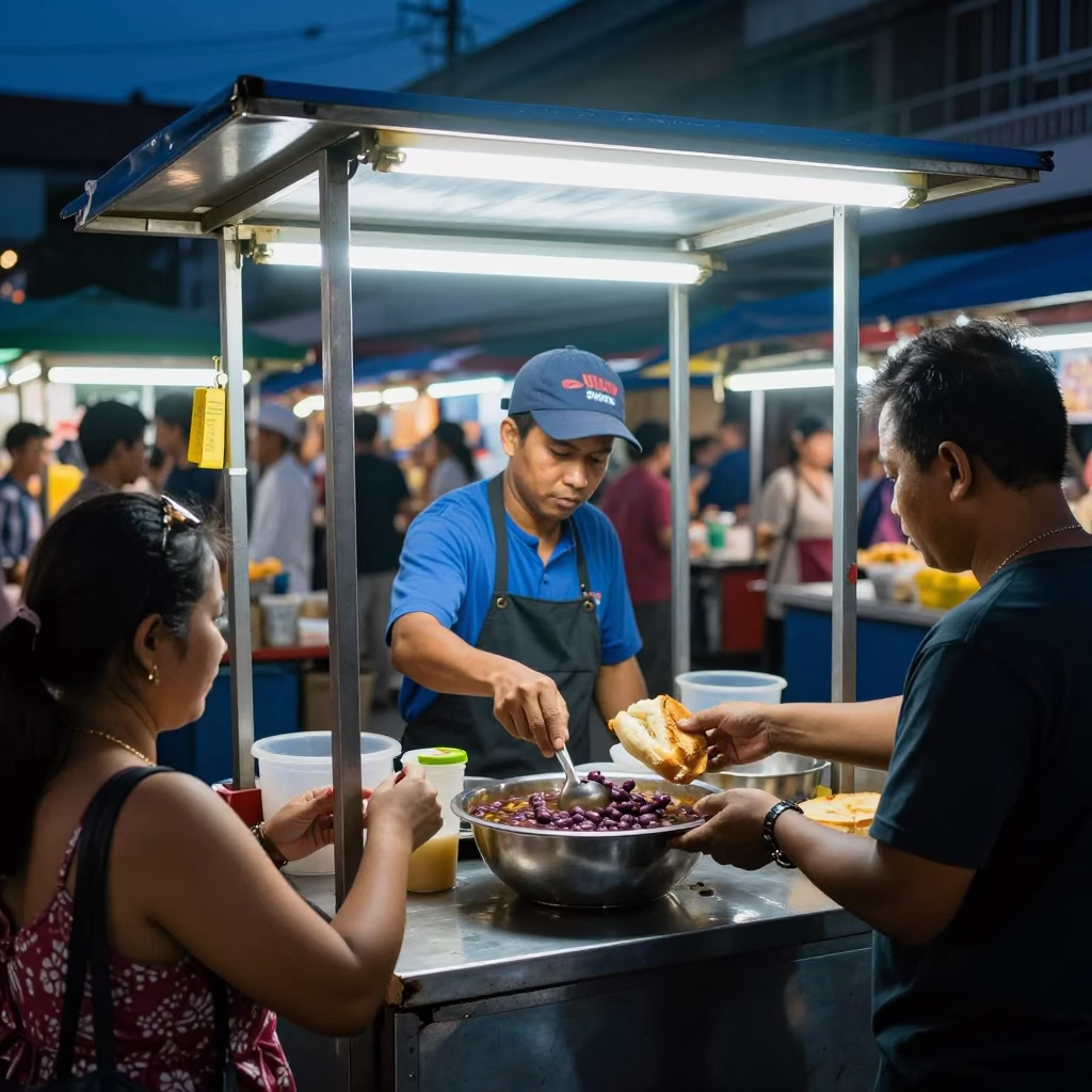Midnight Street Food Stall in Phnom Penh Cambodia with Bowl of Fasolia Bean Stew in in Phnom Penh, Cambodia