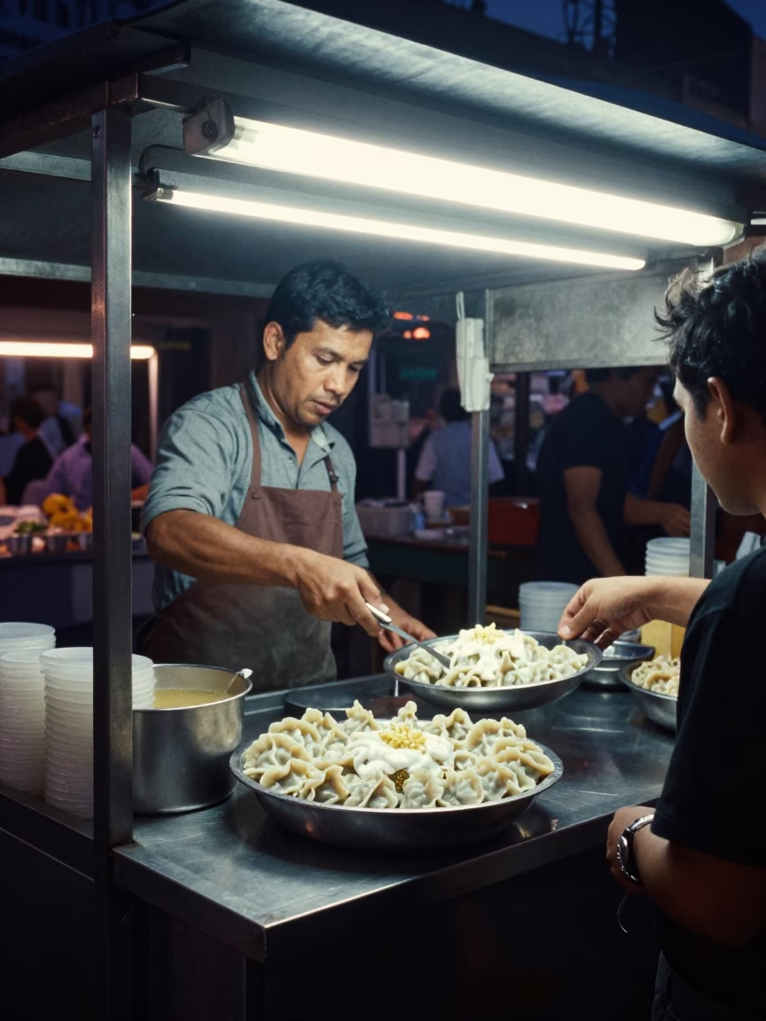 Midnight Street Food Stall in Phnom Penh Cambodia with Bowl of Manti Dumplings in in Phnom Penh, Cambodia