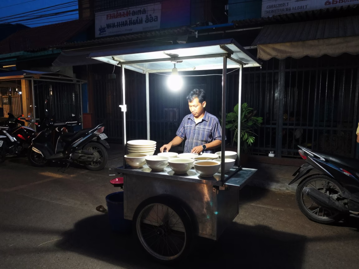 Midnight Street Food Stall in Phnom Penh with Ceramic Bowl and Steam in in Phnom Penh, Cambodia