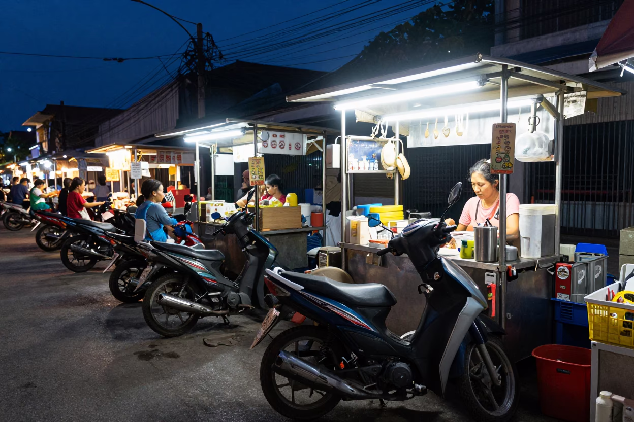 Midnight street food stall in Phuket Thailand with motorcycle and wrench in in Phuket, Thailand