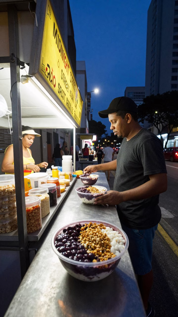 Midnight Street Food Stall in São Paulo Brazil with Acai Bowl and Granola in in São Paulo, Brazil