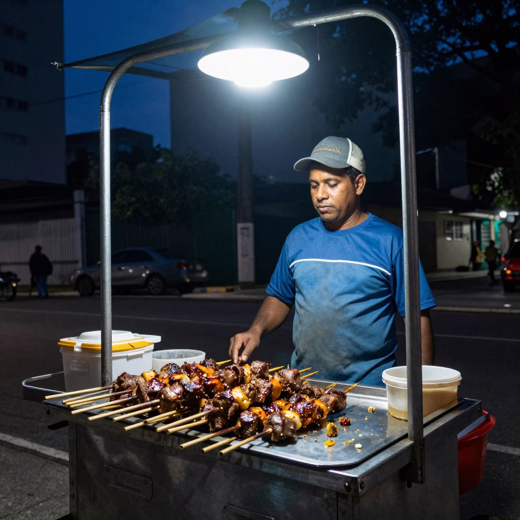 Midnight Street Food Stall in São Paulo Brazil with Anticuchos on Skewers in in São Paulo, Brazil
