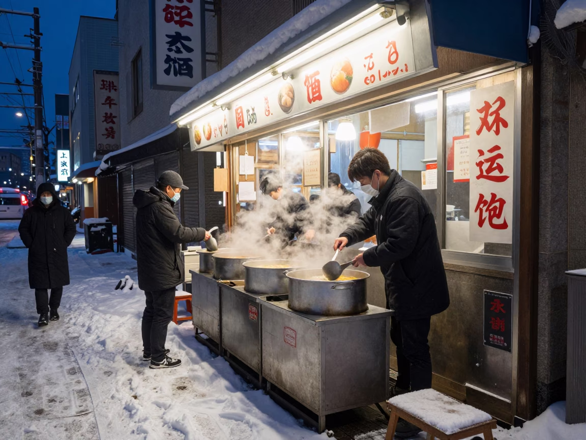 Midnight Street Food Stall in Sapporo Japan with Paperweight and Step Stools in in Sapporo, Japan