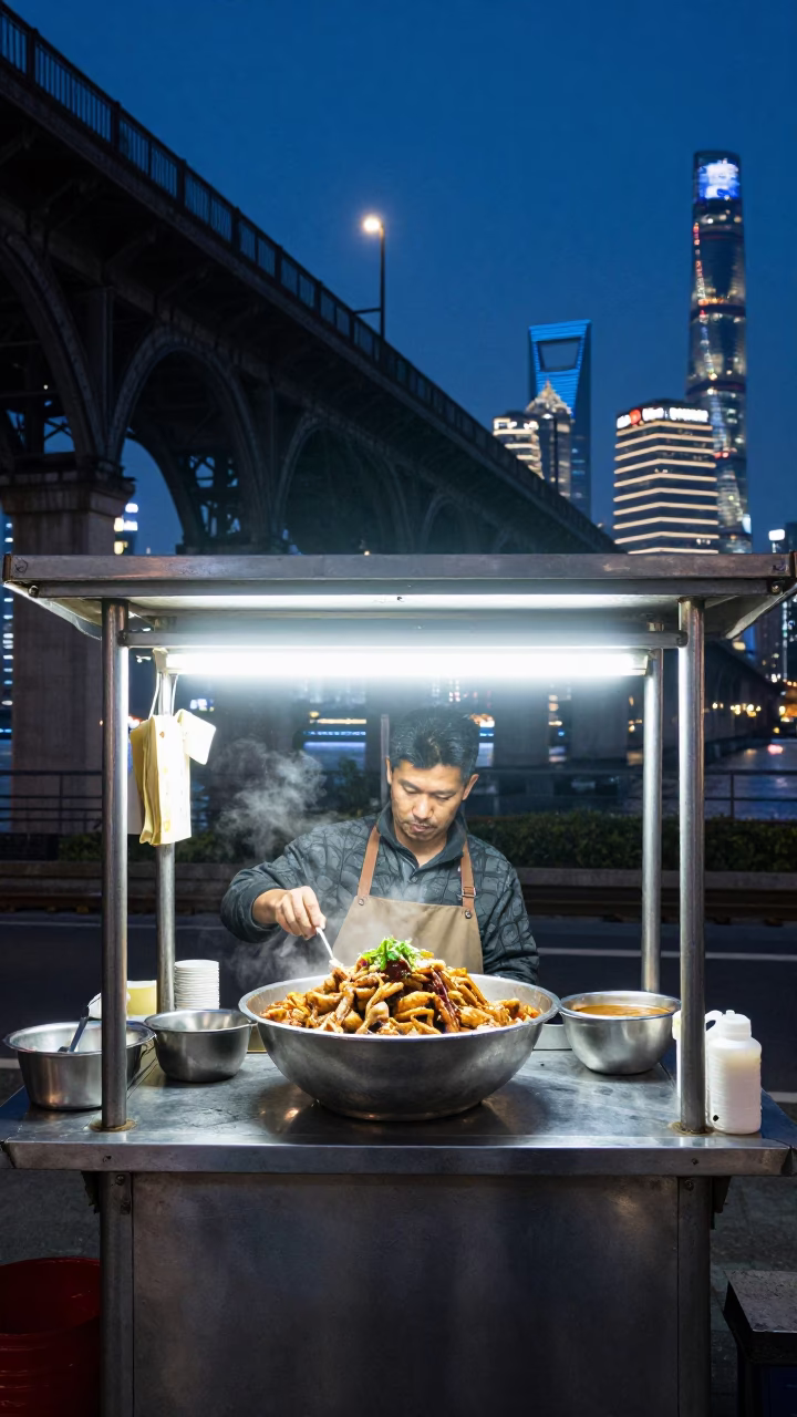 Midnight Street Food Stall in Shanghai China with Railway Viaduct and Local Diners in in Shanghai, China
