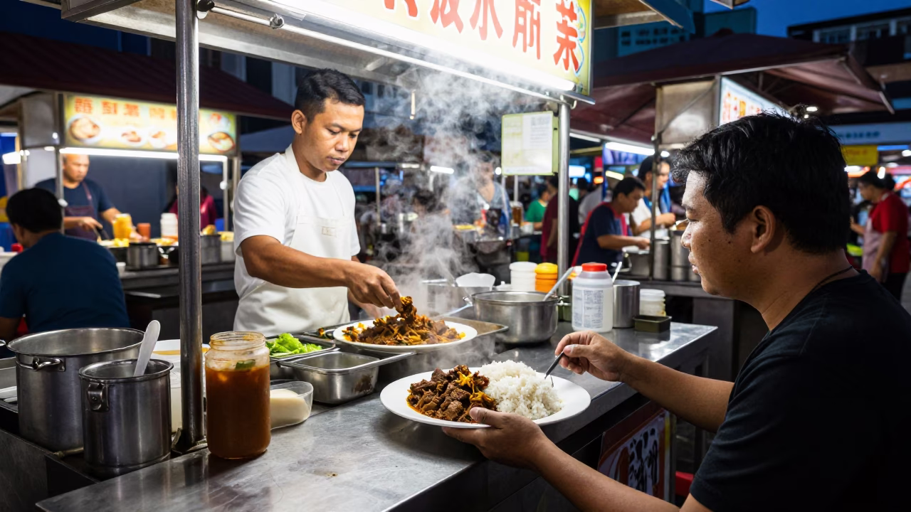 Midnight Street Food Stall in Singapore with Beef Rendang and Rice in in Singapore, Singapore