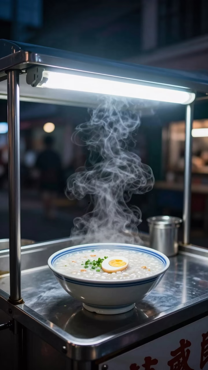 Midnight Street Food Stall in Singapore with Bowl of Congee and Century Egg in in Singapore, Singapore