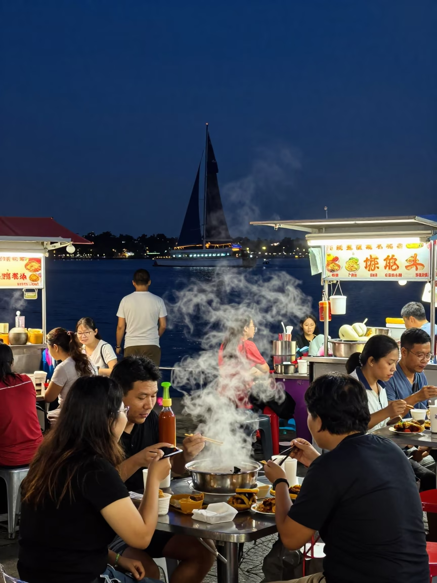 Midnight Street Food Stall in Singapore with Catamaran View and Lanterns in in Singapore, Singapore
