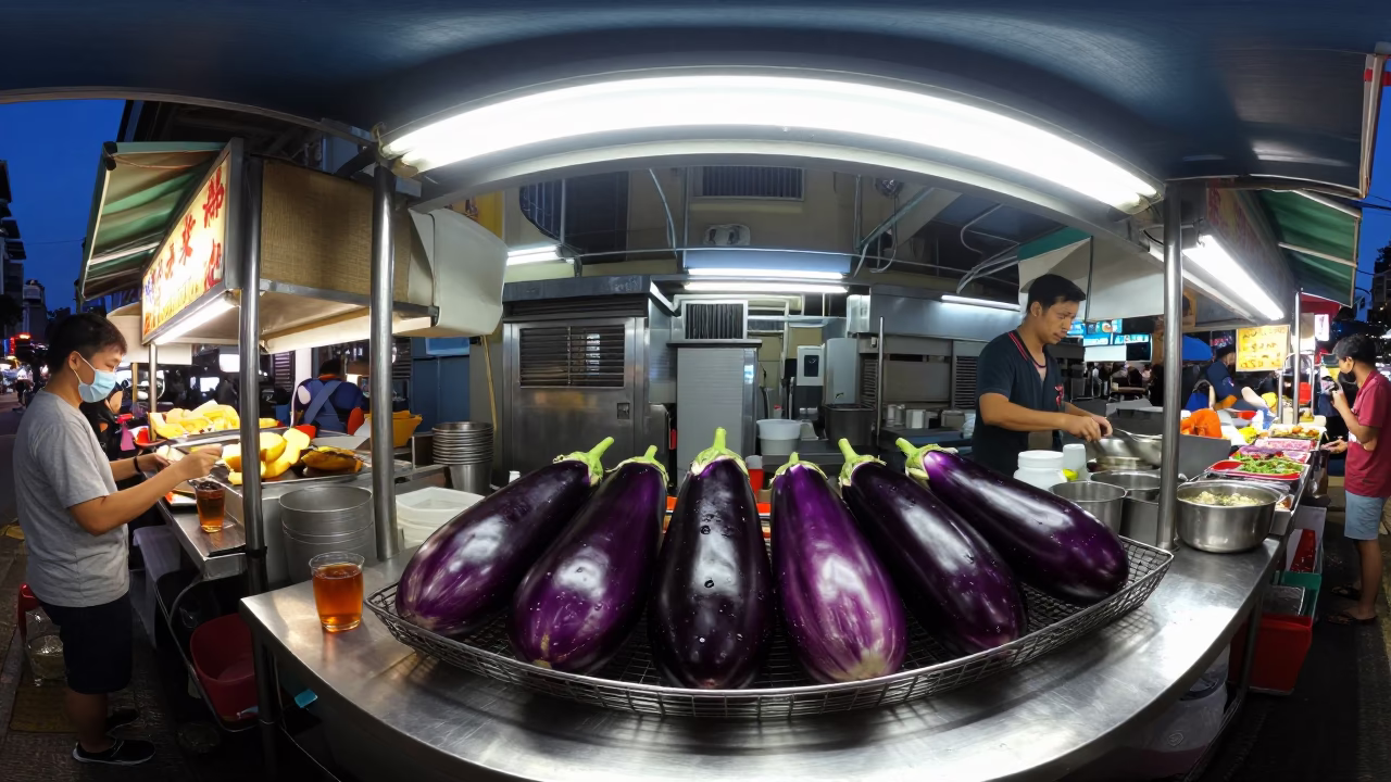 Midnight street food stall in Singapore with eggplants and tea kettles in in Singapore, Singapore
