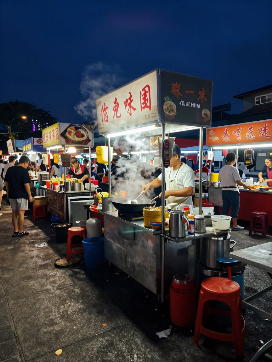 Midnight Street Food Stall in Singapore with Steam and Neon Lights in in Singapore, Singapore