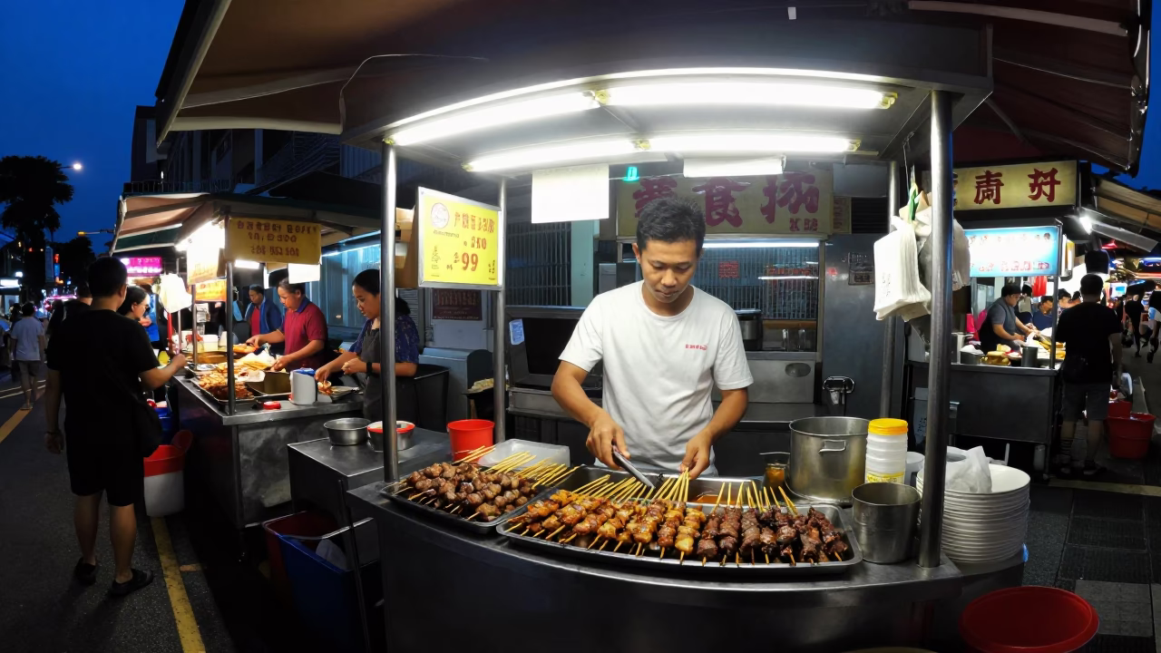 Midnight street food stall in Singapore with vendor preparing late night meal in in Singapore, Singapore