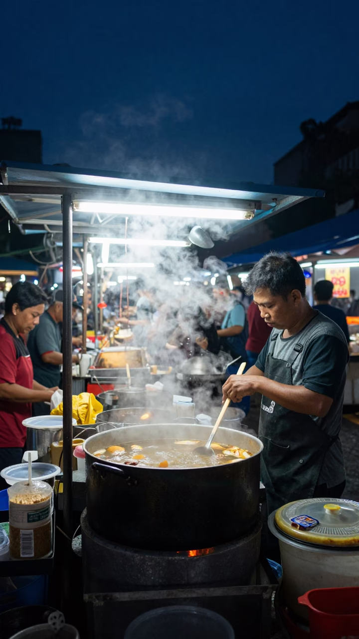 Midnight Street Food Stall in Surabaya Indonesia with Steam and Local Diners in in Surabaya, Indonesia