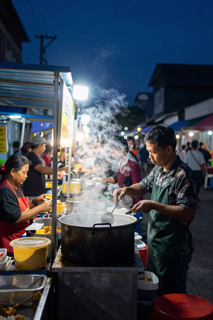 Midnight Street Food Stall in Surabaya Indonesia with Steam and Mint Leaves in in Surabaya, Indonesia