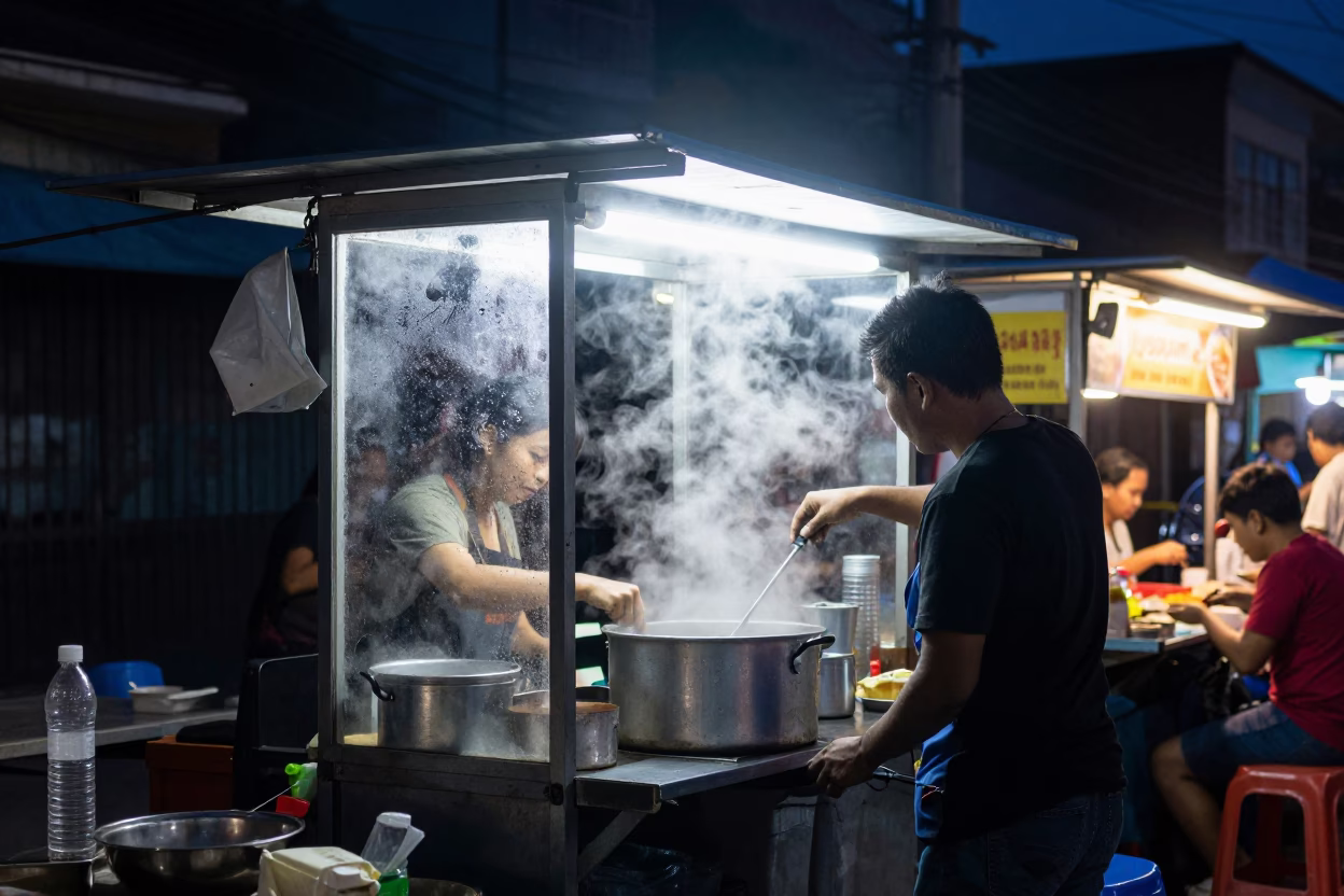 Midnight Street Food Stall in Surabaya Indonesia with Steam Haze and Rattan Stools in in Surabaya, Indonesia