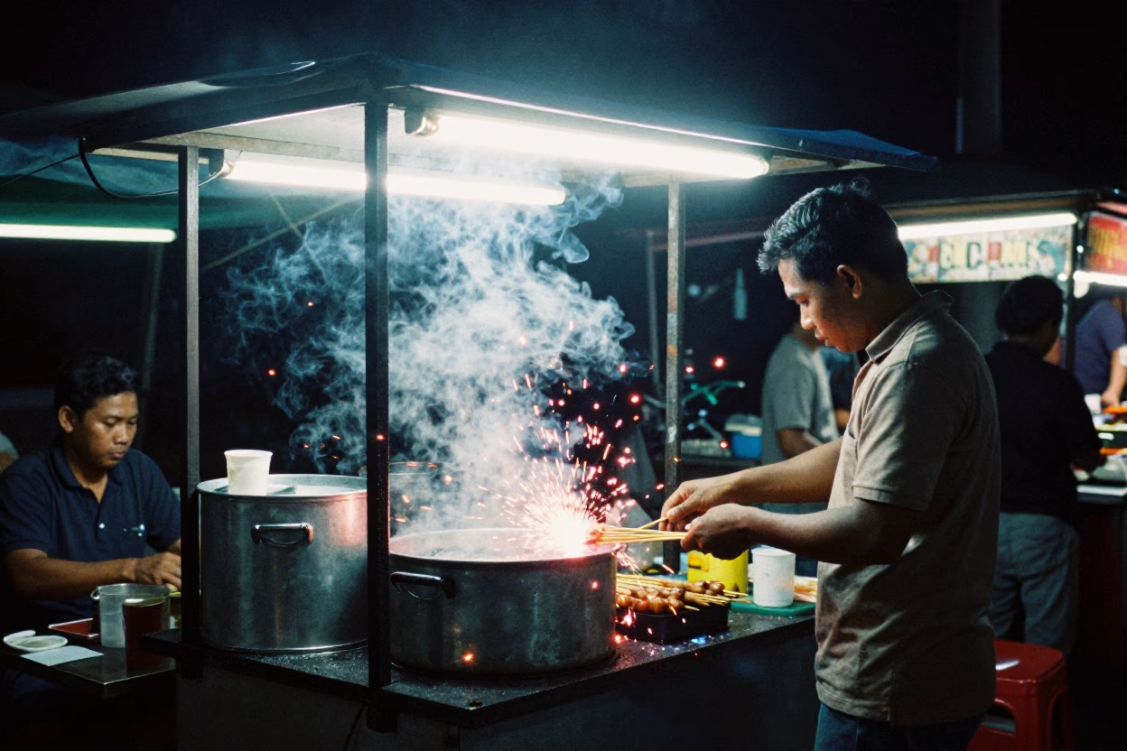 Midnight Street Food Stall in Surabaya Indonesia with Welding Sparks and Local Interaction in in Surabaya, Indonesia