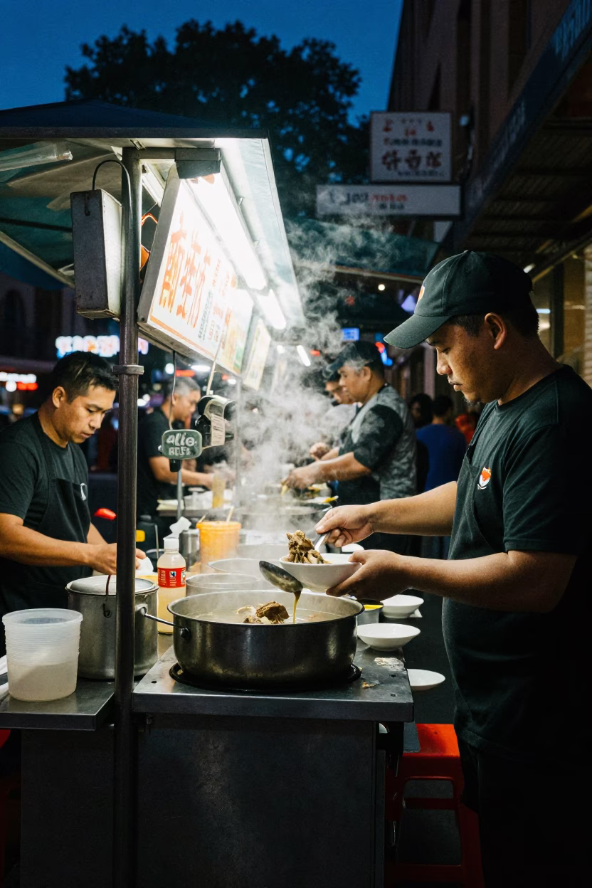 Midnight Street Food Stall in Sydney with Goat Meat Soup and Steam Haze in in Sydney, New South Wales, Australia