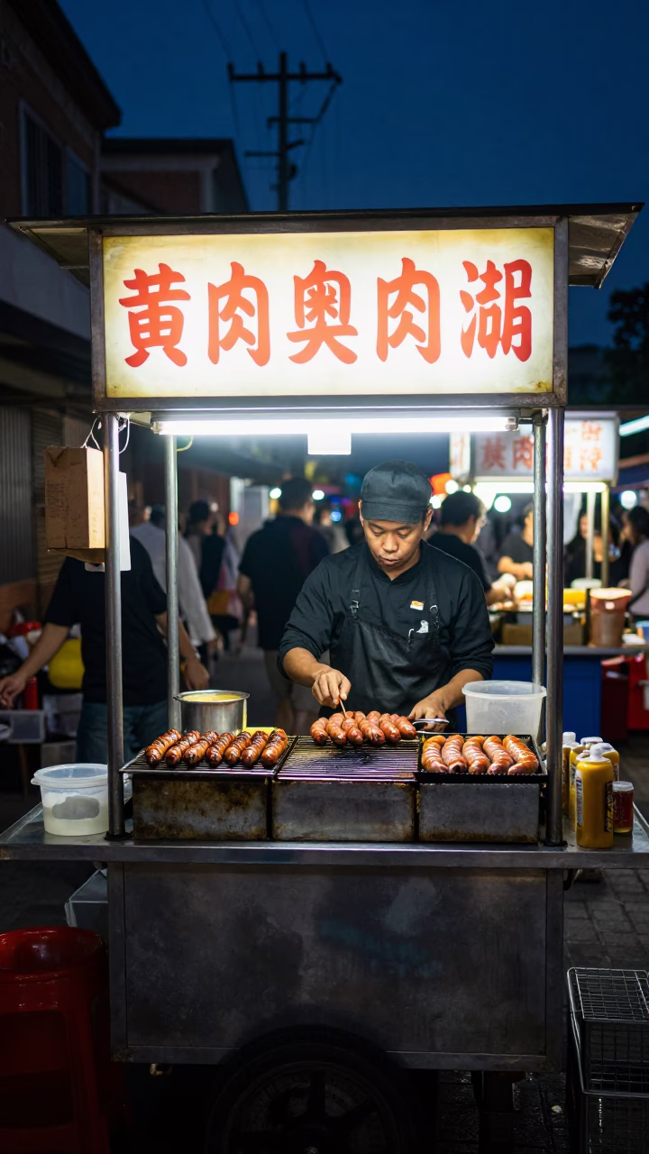 Midnight Street Food Stall in Tainan Taiwan with Braai Sausages and Local Dining in in Tainan, Taiwan