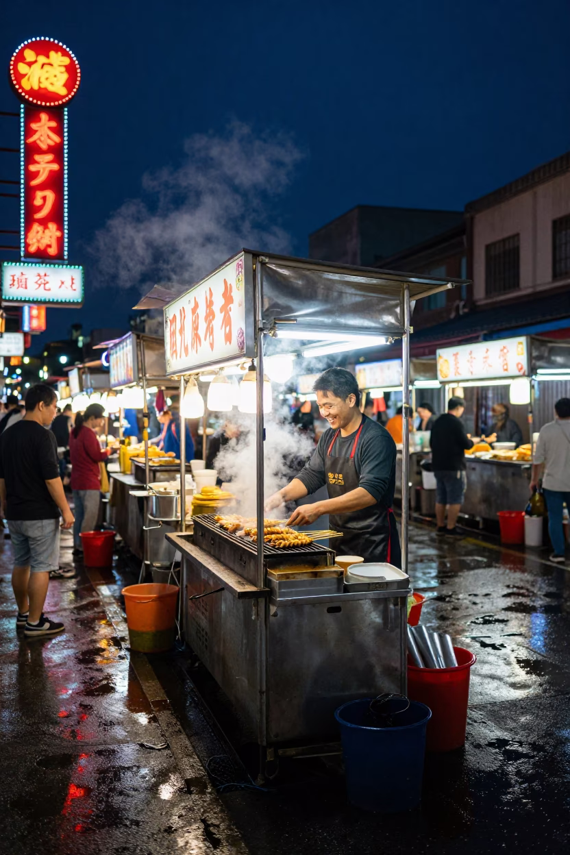 Midnight Street Food Stall in Tainan Taiwan with Steam and Neon Lights in in Tainan, Taiwan
