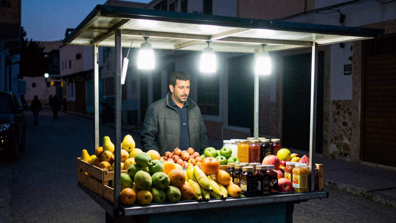 Midnight street food stall in Tunis serving fruit and condiments under neon lights in in Tunis, Tunisia