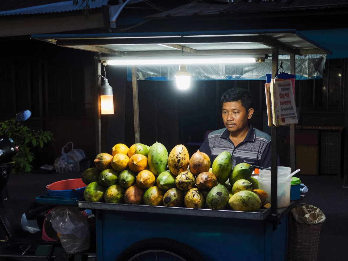 Midnight street food stall in Yogyakarta Indonesia with fruit and candle snuffer in in Yogyakarta, Indonesia