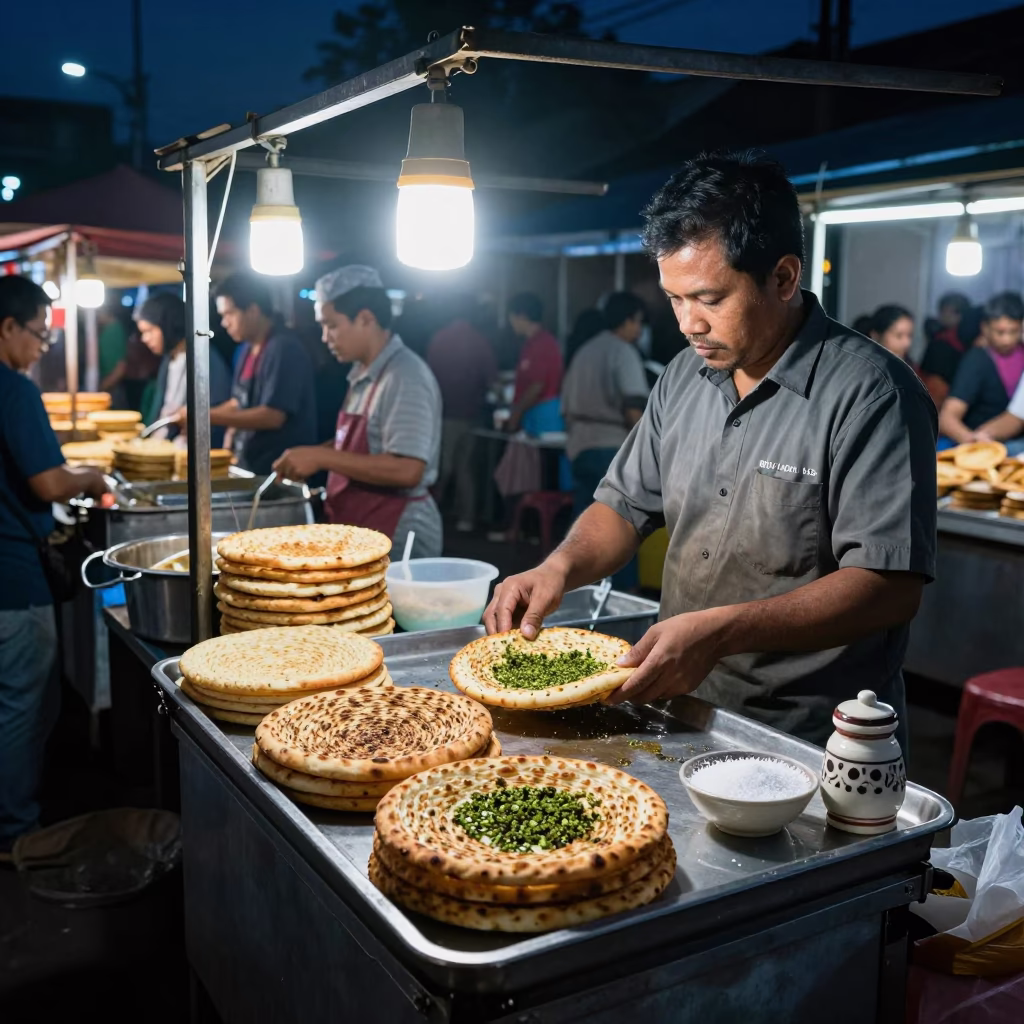 Midnight street food stall in Yogyakarta Indonesia with manakeesh and salt cellar in in Yogyakarta, Indonesia
