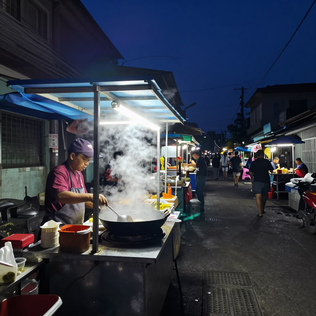 Midnight Street Food Stall in Yogyakarta Indonesia with Steam and Night Lights in in Yogyakarta, Indonesia