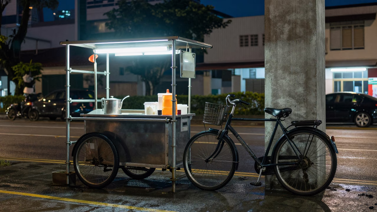 Midnight Street Food Stall with Cargobike and Scaffolding in Singapore in in Singapore, Singapore