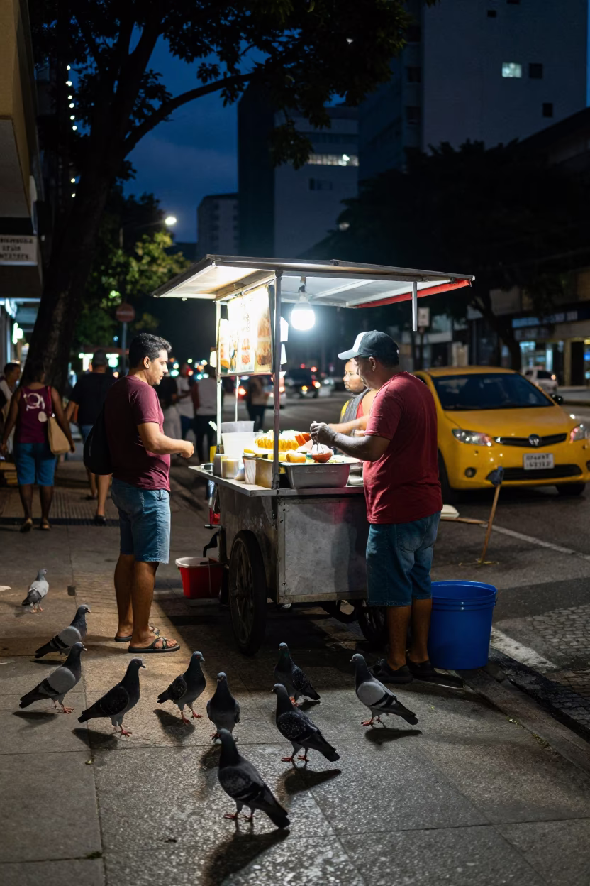 Midnight Street Food Stall with Pigeons and Taillight Streaks in São Paulo Brazil in in São Paulo, Brazil