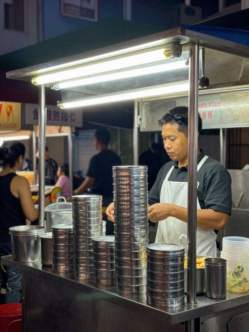 Midnight Street Food Stall with Tiffin Tin and Grease Sheen in Singapore in in Singapore, Singapore