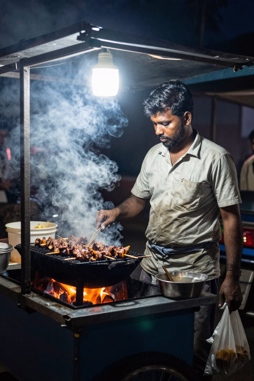 Midnight Street Food Vendor Grilling Nyama Choma with Coals in Chennai India in in Chennai, India