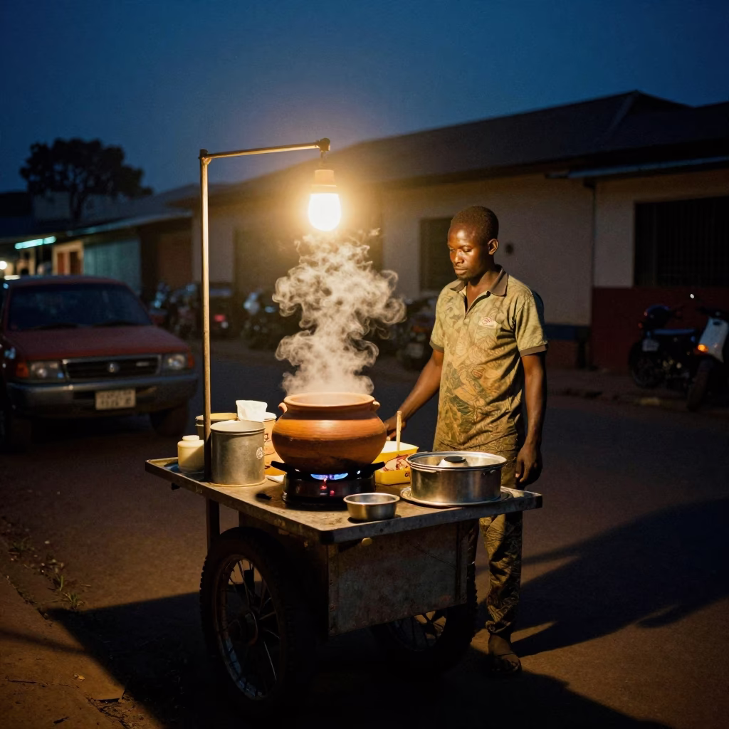 Midnight Street Food Vendor in Accra Ghana with Clay Pot and Onions in in Accra, Ghana