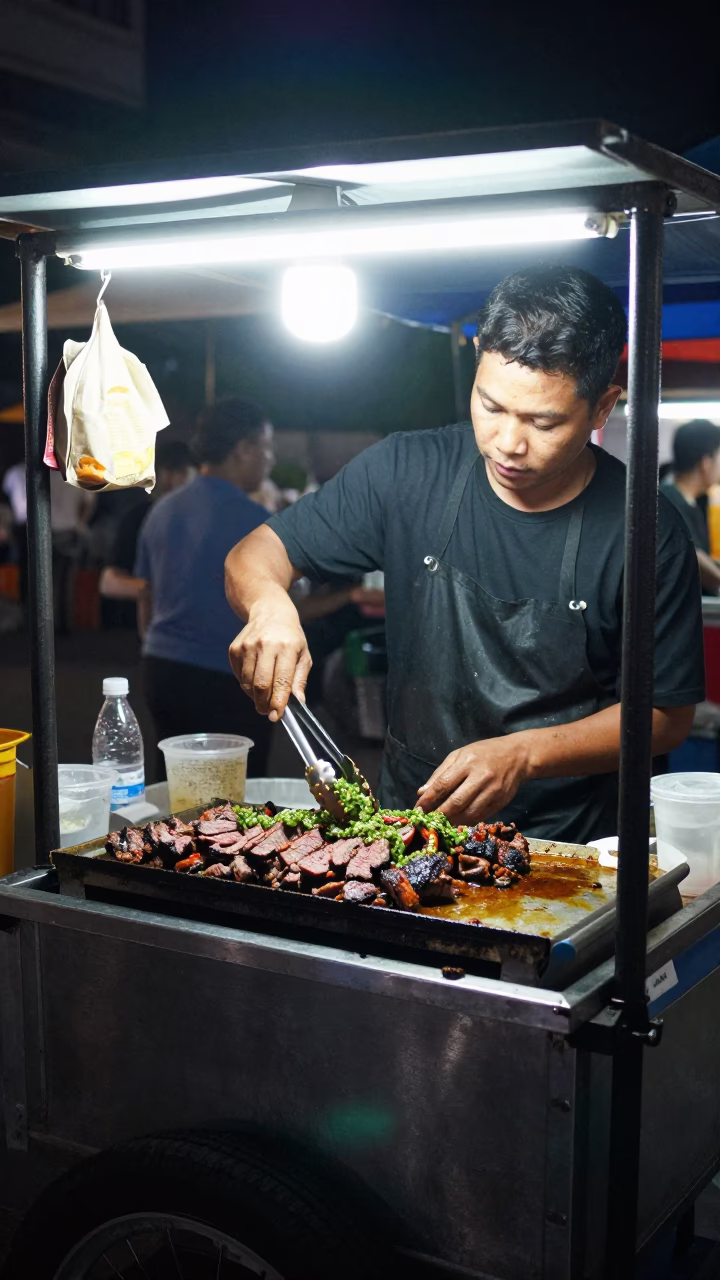 Midnight Street Food Vendor in Bangkok Thailand Preparing Churrasco with Chimichurri in in Bangkok, Thailand