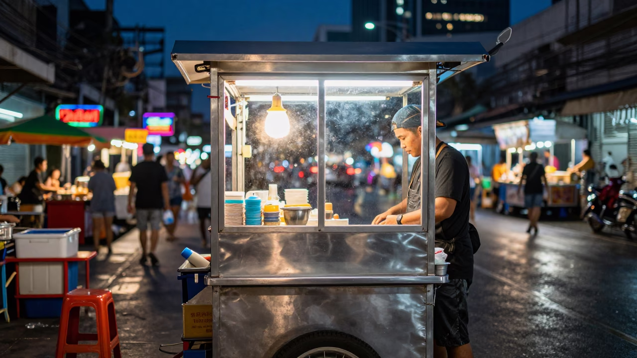 Midnight Street Food Vendor in Bangkok Thailand with Brushed Steel and Awl in in Bangkok, Thailand